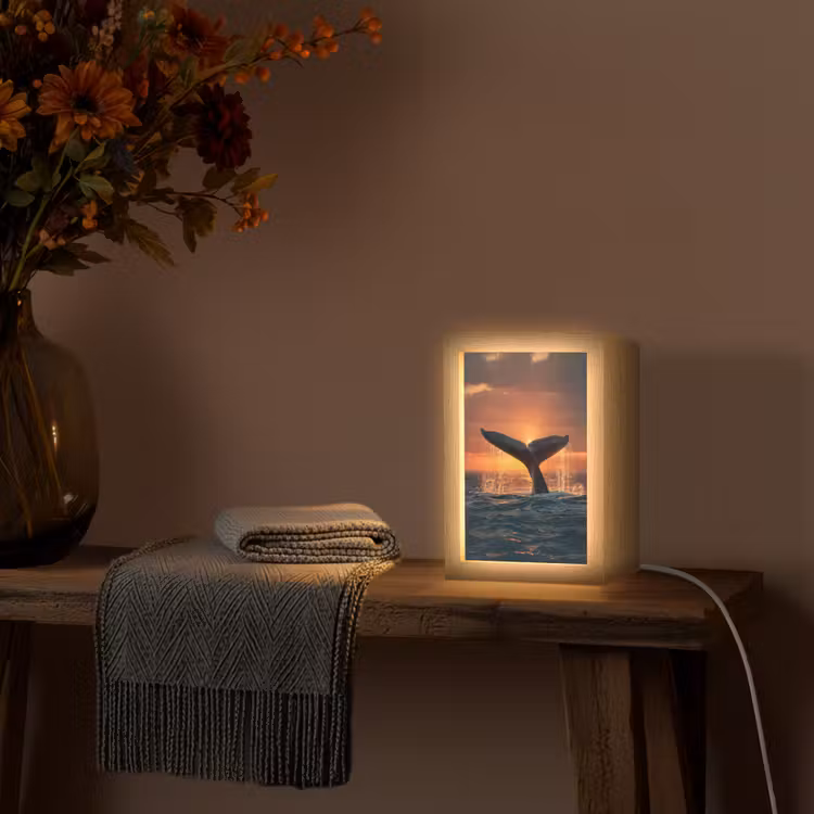 Walvis staart - Water - Zonsondergang Light Box met kabel (Tafellamp) klein -sfeer4