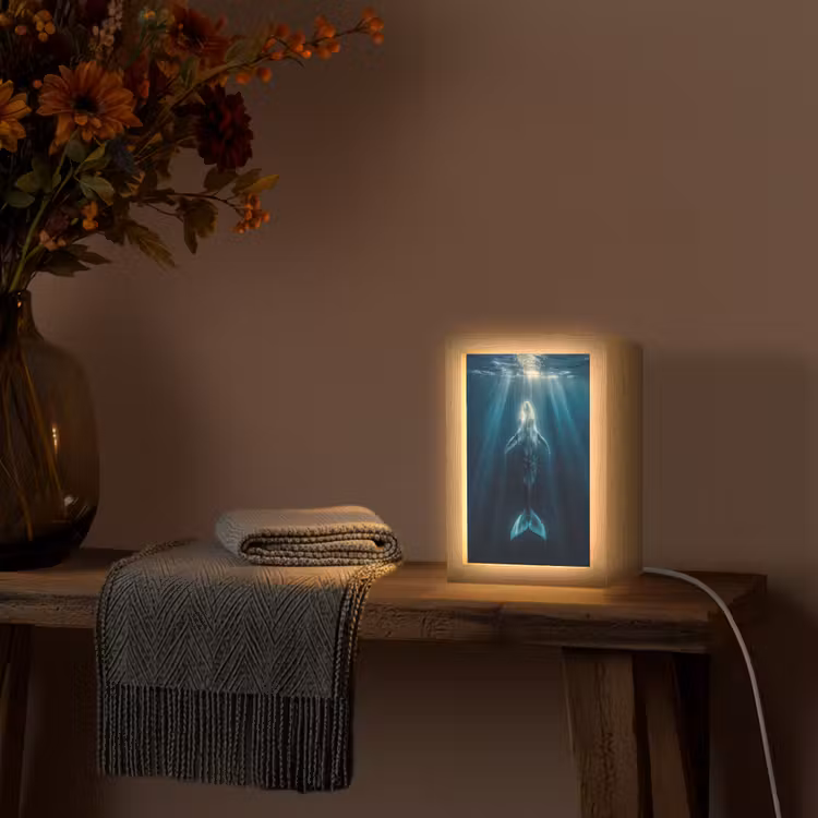 Walvis - Water - Zonnestralen - Blauw Light Box met kabel (Tafellamp) klein -sfeer4
