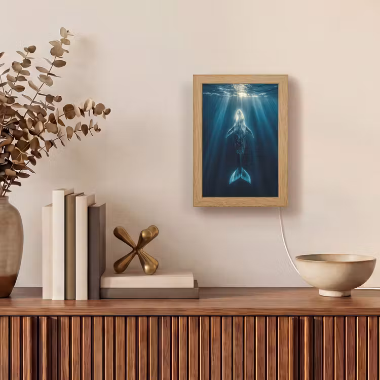 Walvis - Water - Zonnestralen - Blauw Light Box met kabel (Tafellamp) klein -sfeer2
