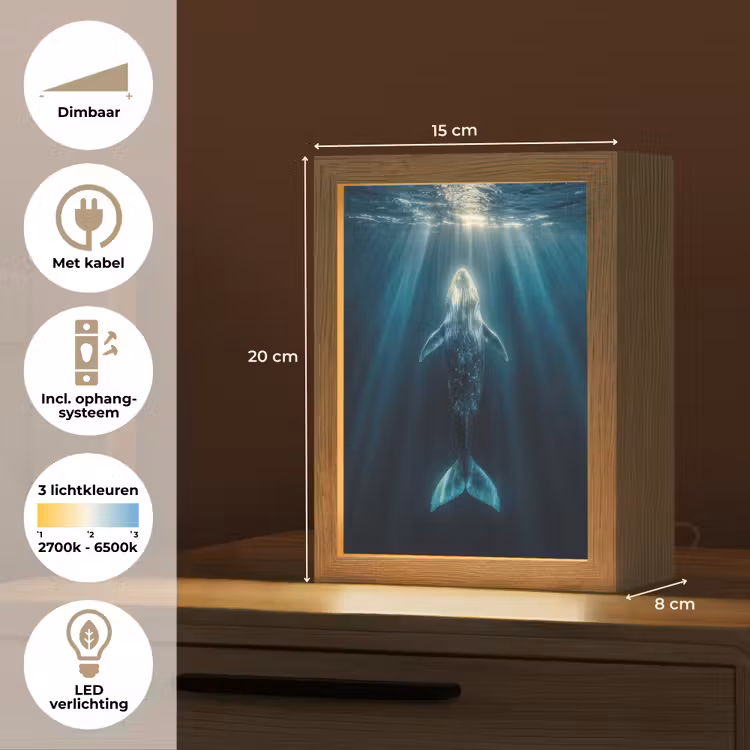 Walvis - Water - Zonnestralen - Blauw Light Box met kabel (Tafellamp) klein -USP_NL