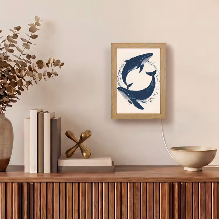 Walvissen - Spetters - Cirkel - Donkerblauw Light Box met kabel (Tafellamp) klein -sfeer2