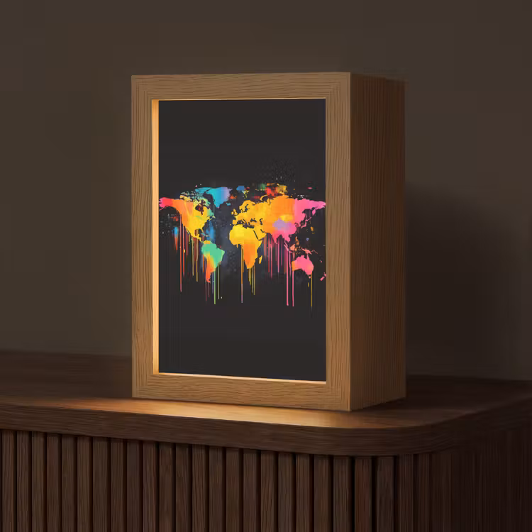 Wereldkaart - Verf - Kleurrijk - Graffiti - Wereld Light Box met kabel (Tafellamp) klein -z3d_website
