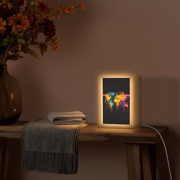 Wereldkaart - Verf - Kleurrijk - Graffiti - Wereld Light Box met kabel (Tafellamp) klein -sfeer4