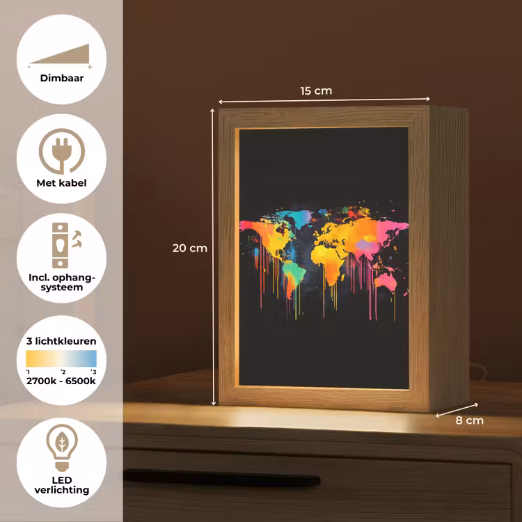 Wereldkaart - Verf - Kleurrijk - Graffiti - Wereld Light Box met kabel (Tafellamp) klein -USP_NL