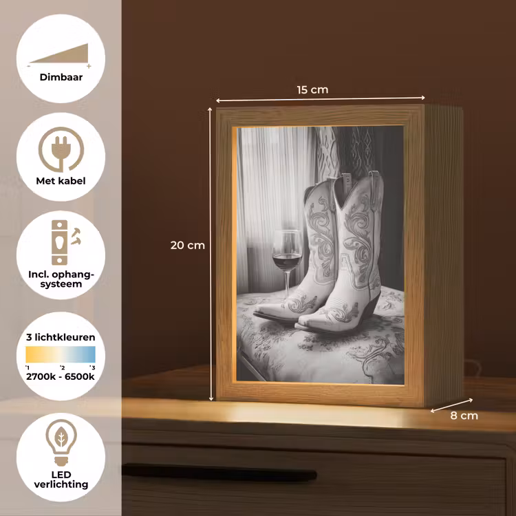 Wijn - Cowboylaarzen - Raamlicht - Wit Light Box met kabel (Tafellamp) klein -USP_NL