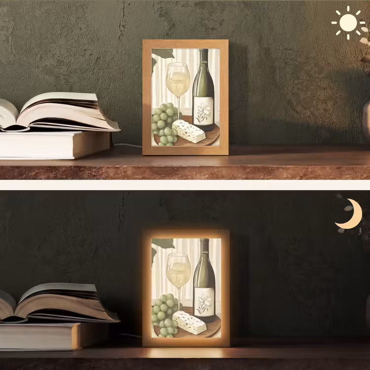 Wijn - Druiven - Kaas - Bladeren Light Box met kabel (Tafellamp) klein -sfeer3