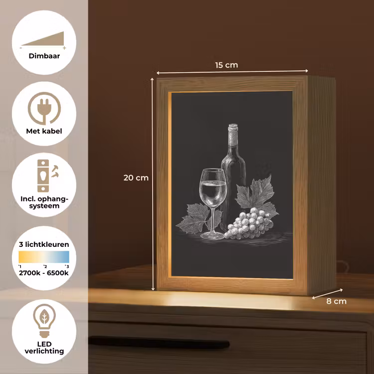 Wijnfles - Glas - Druiven - Bladeren Light Box met kabel (Tafellamp) klein -USP_NL