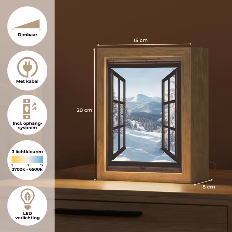Winter - Landschap - Natuur - Berg - Bomen - Doorkijk - Uitzicht Light Box met kabel (Tafellamp) klein -USP_NL