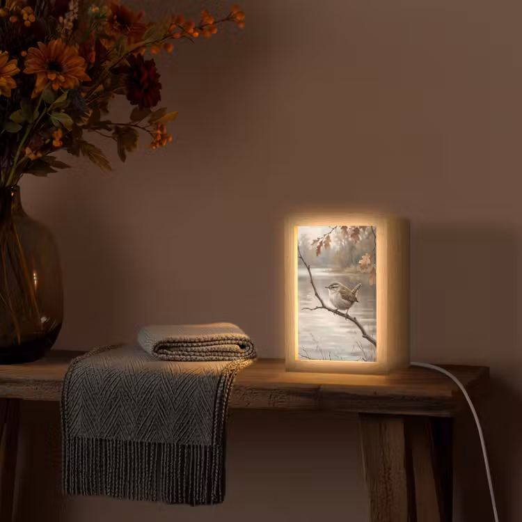 Winterkoninkje - Tak - Rivier - Natuur - Sfeervol Light Box met kabel (Tafellamp) klein -sfeer4