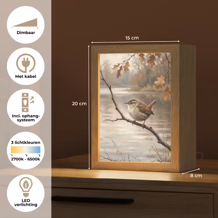 Winterkoninkje - Tak - Rivier - Natuur - Sfeervol Light Box met kabel (Tafellamp) klein -USP_NL
