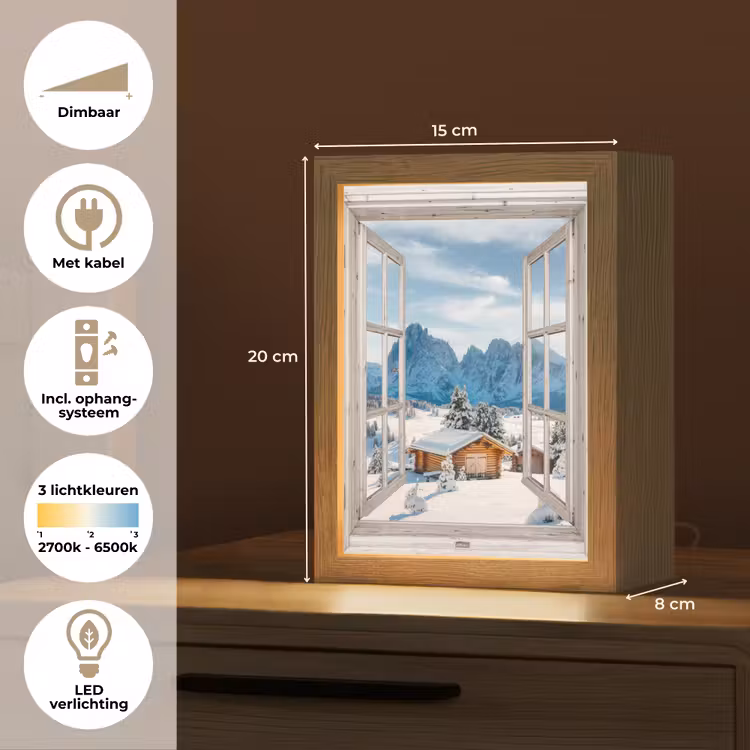 Winterlandschap - Huisje - Bergen - Uitzicht - Doorkijk - Natuur Light Box met kabel (Tafellamp) klein -USP_NL