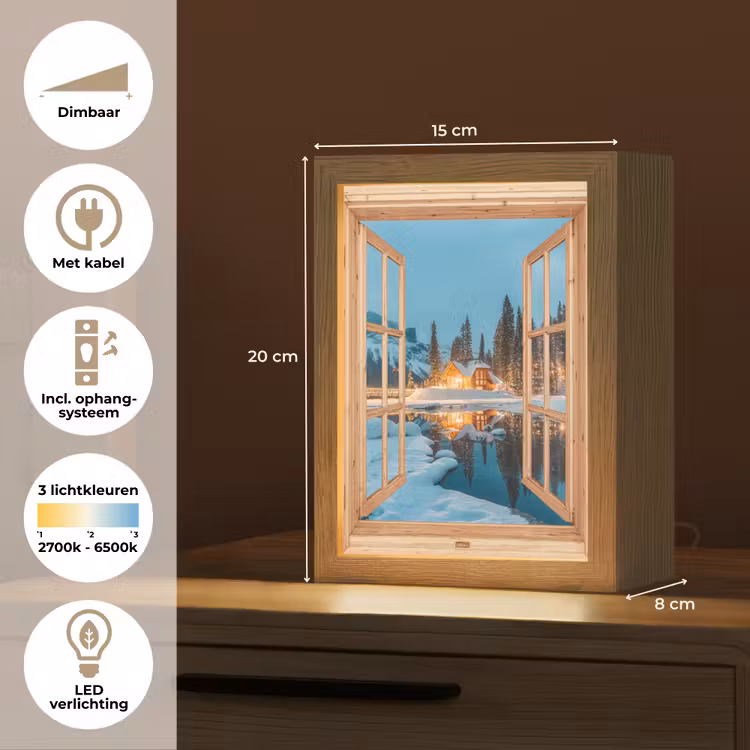 Winterlandschap - Natuur - Huis - Bergen - Doorkijk - Raam Light Box met kabel (Tafellamp) klein -USP_NL