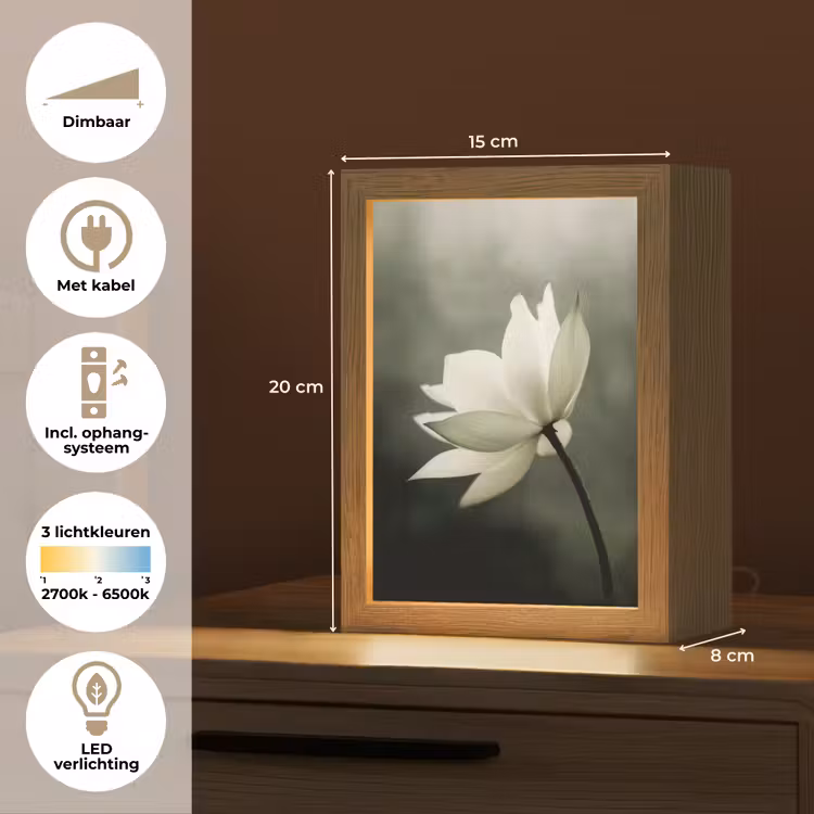 Wit - Lotus - Donker - Bloem Light Box met kabel (Tafellamp) klein -USP_NL