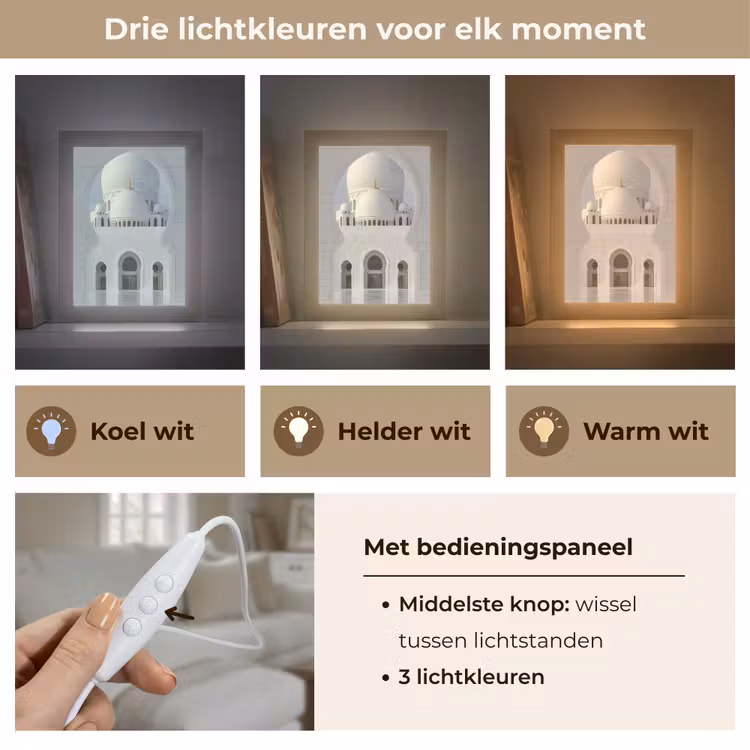 Witte koepel - Gouden Details - Moskee Light Box met kabel (Tafellamp) klein -USP_lichtkleurNL