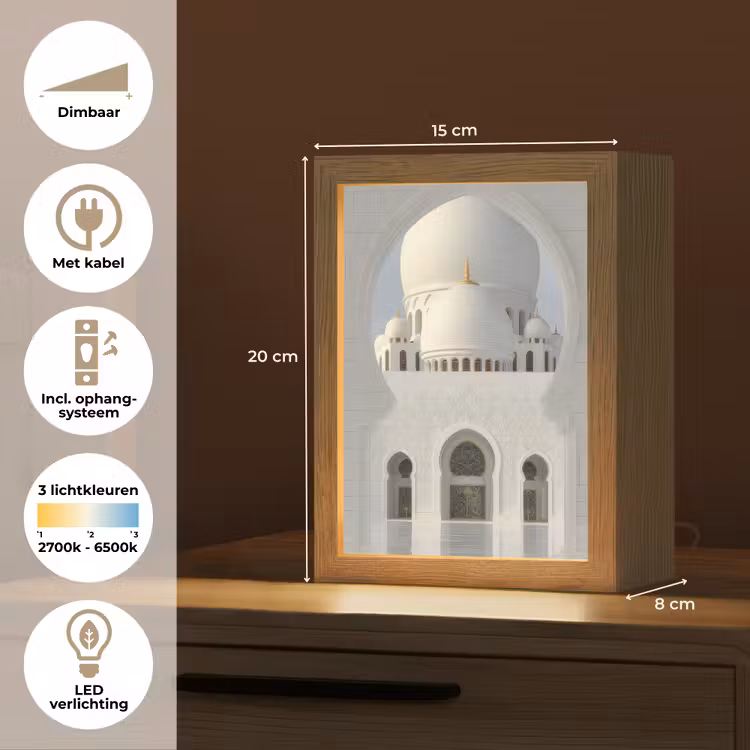 Witte koepel - Gouden Details - Moskee Light Box met kabel (Tafellamp) klein -USP_NL