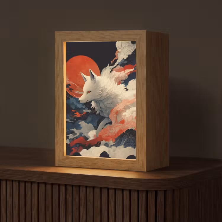 Witte vos - wolken - maan Light Box met kabel (Tafellamp) klein -z3d_website