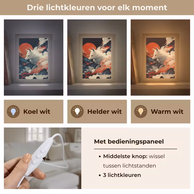 Witte vos - wolken - maan Light Box met kabel (Tafellamp) klein -USP_lichtkleurNL