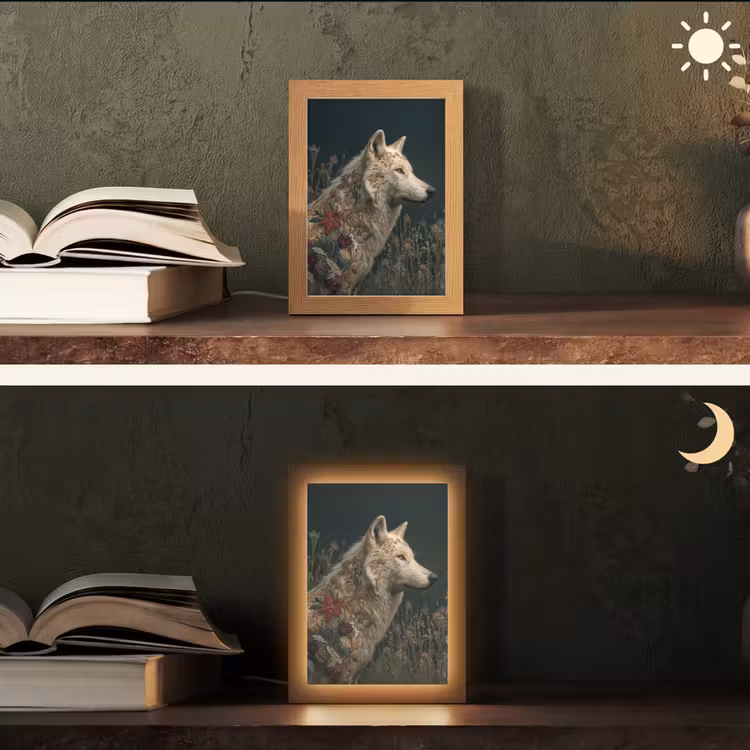 Wolf - Bloemen - Natuur Light Box met kabel (Tafellamp) klein -sfeer3