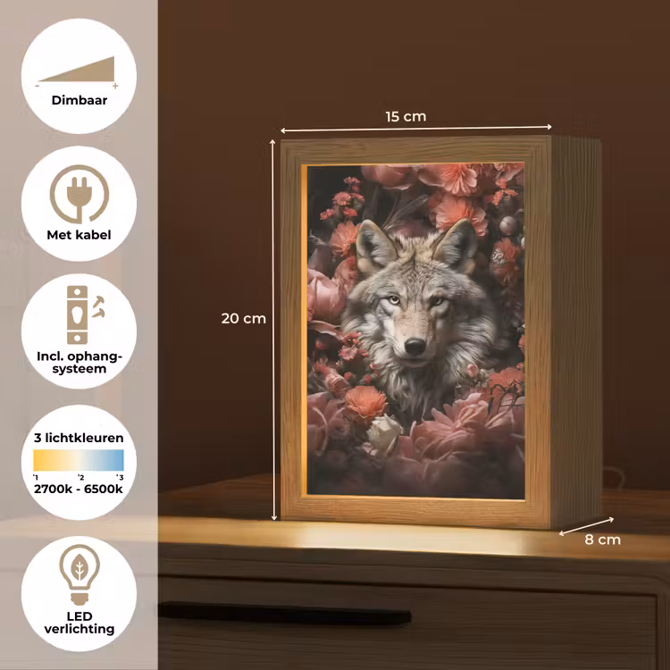 Wolf - Dier - Bloemen - Botanisch - Natuur - Fantasie Light Box met kabel (Tafellamp) klein -USP_NL