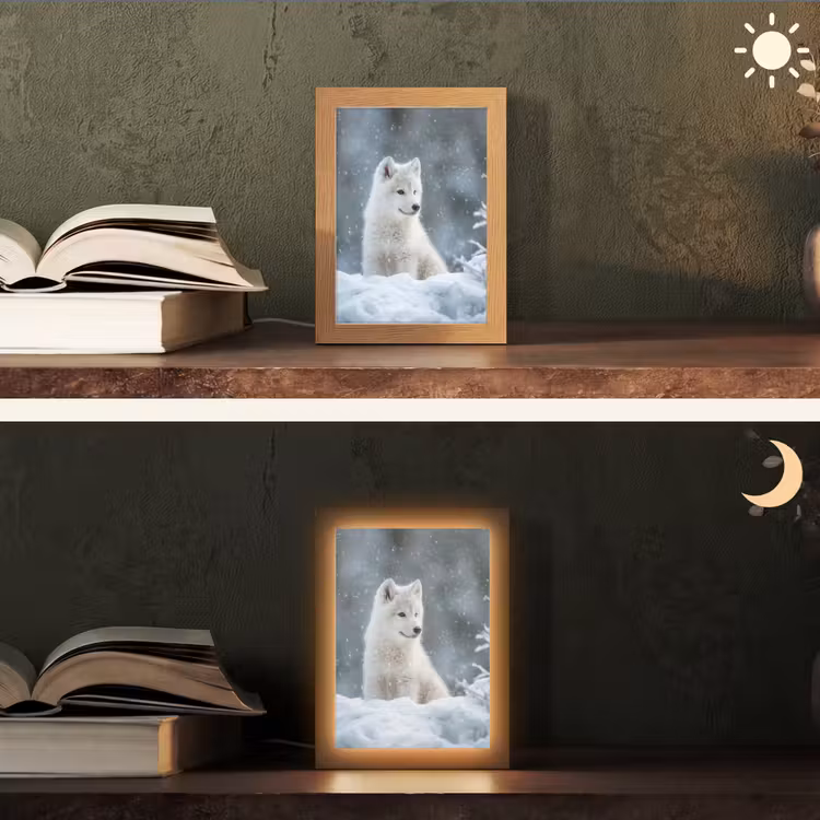 Wolf - Pup - Sneeuw Light Box met kabel (Tafellamp) klein -sfeer3