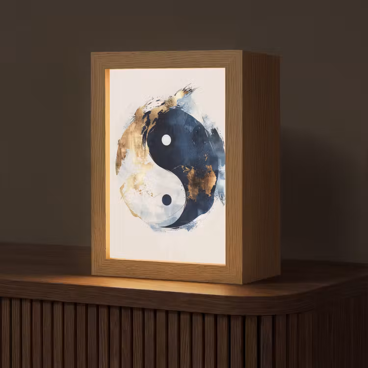 Yin Yang - Abstract - Zwart - Wit - Goud Light Box met kabel (Tafellamp) klein -z3d_website