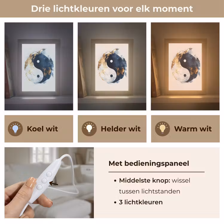 Yin Yang - Abstract - Zwart - Wit - Goud Light Box met kabel (Tafellamp) klein -USP_lichtkleurNL