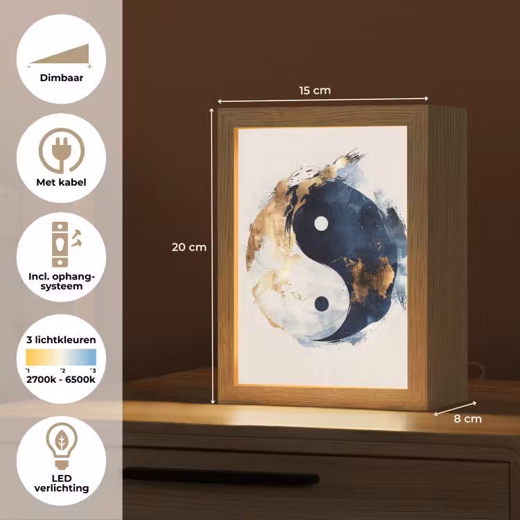 Yin Yang - Abstract - Zwart - Wit - Goud Light Box met kabel (Tafellamp) klein -USP_NL