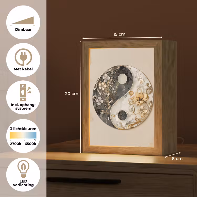 Yin Yang - Bloemen - Zwart - Wit - Vintage Light Box met kabel (Tafellamp) klein -USP_NL