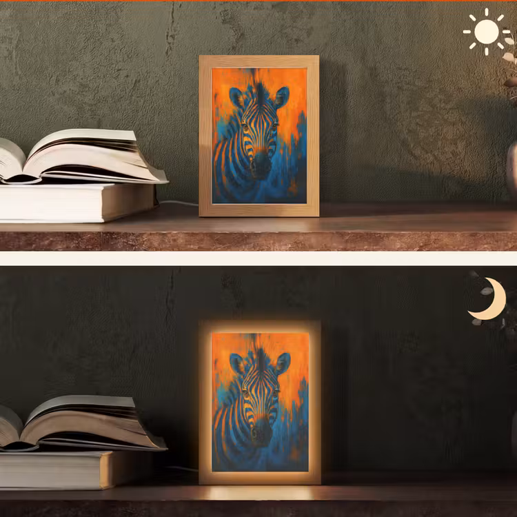 Zebra - Abstract - Blauw Light Box met kabel (Tafellamp) klein -sfeer3