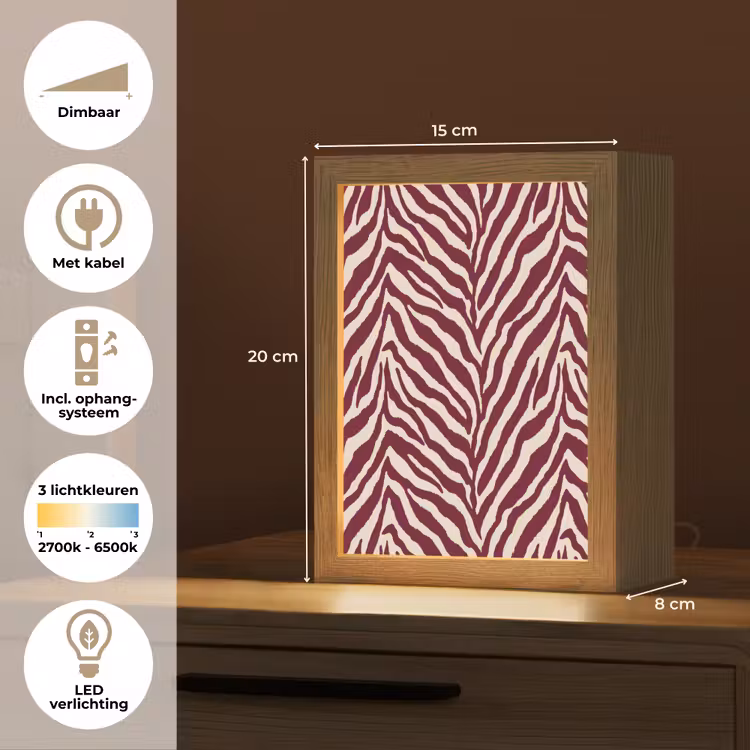 Zebra - Motief - Bordeaux - Rood Light Box met kabel (Tafellamp) klein 925 -USP_NL