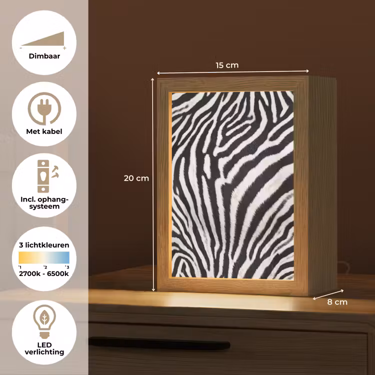Zebra - Vacht - Klassiek - Zwart - Wit Light Box met kabel (Tafellamp) klein -USP_NL