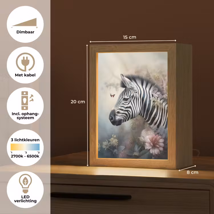 Zebra - Wilde dieren - Vlinder - Bloemen Light Box met kabel (Tafellamp) klein -USP_NL