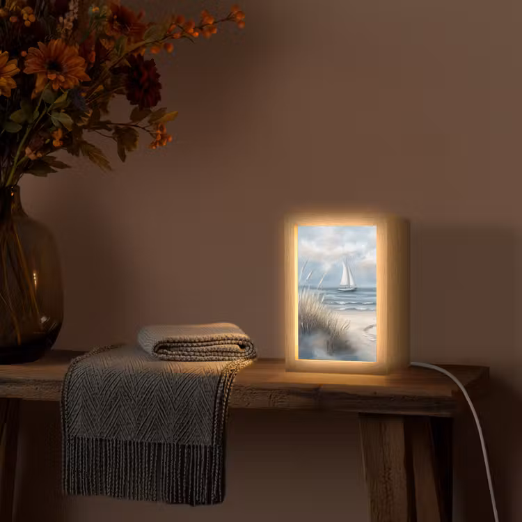 Zee - Zeilboot - Strand - Duinen - Vintage Light Box met kabel (Tafellamp) klein -sfeer4