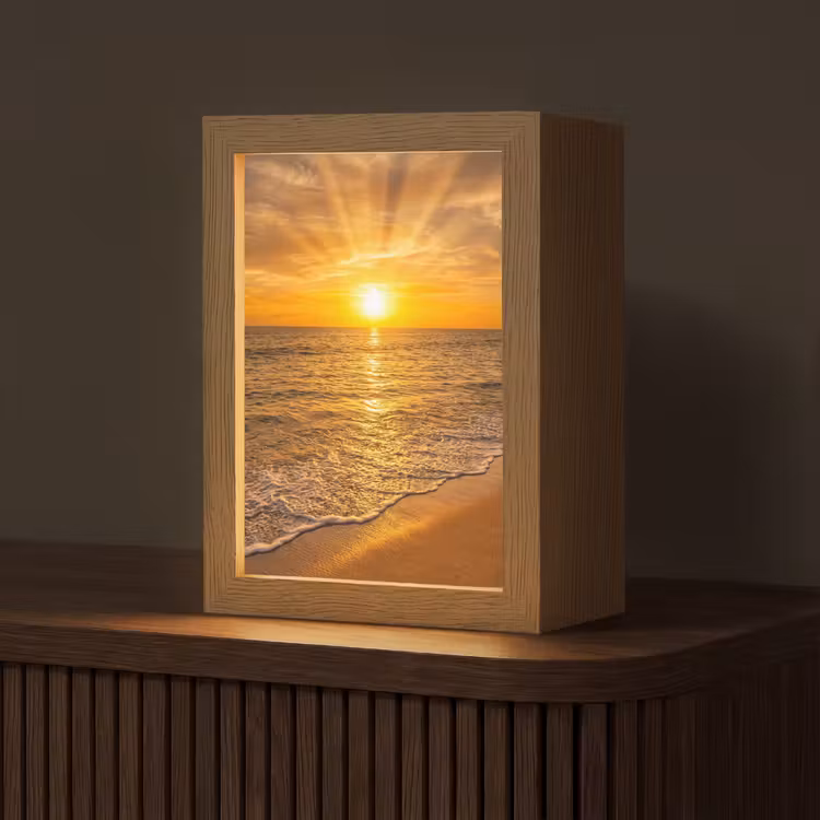 Zee - Zonsondergang - Golven - Kust - Oranje Light Box met kabel (Tafellamp) klein -z3d_website