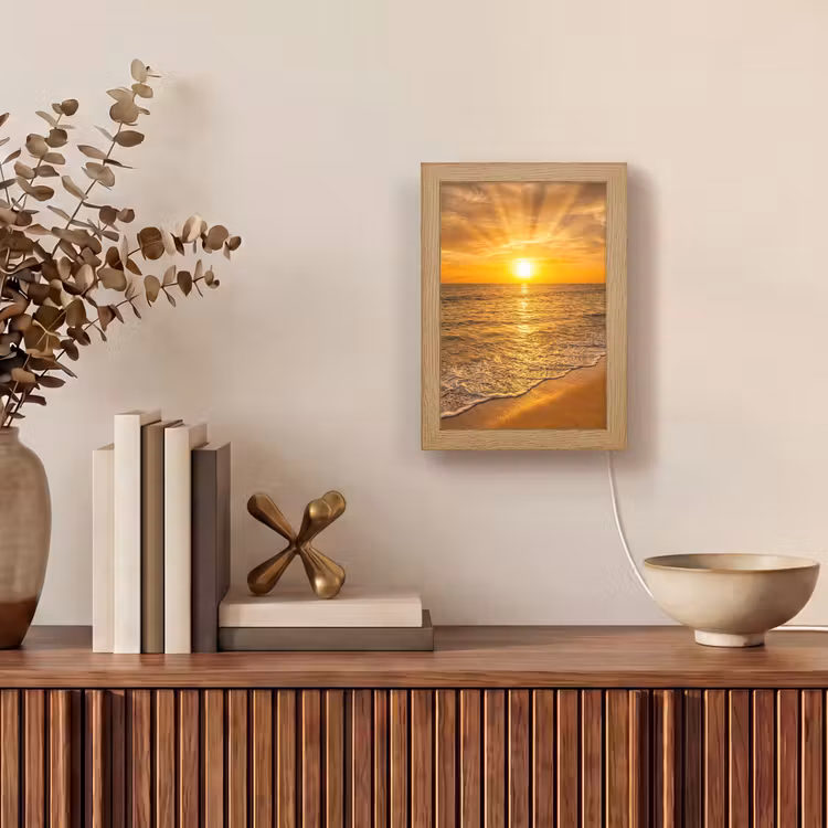 Zee - Zonsondergang - Golven - Kust - Oranje Light Box met kabel (Tafellamp) klein -sfeer2