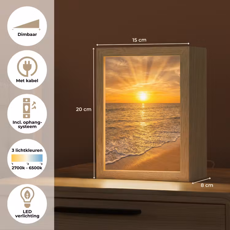 Zee - Zonsondergang - Golven - Kust - Oranje Light Box met kabel (Tafellamp) klein -USP_NL