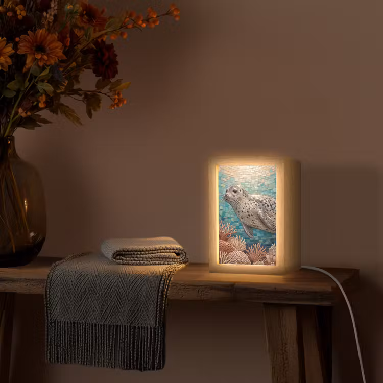 Zeehond - Mozaïek - Onderwater - Dieren - Blauw Light Box met kabel (Tafellamp) klein -sfeer4
