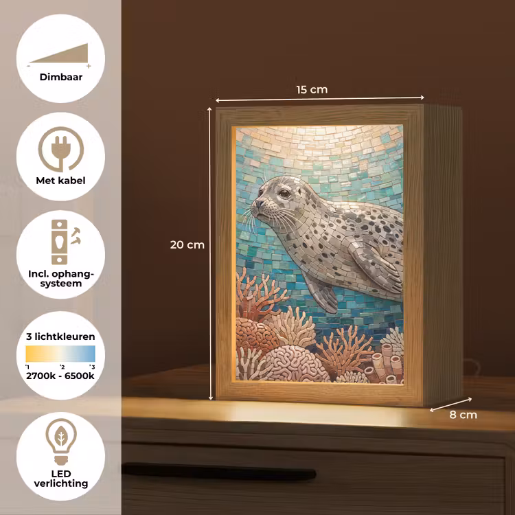 Zeehond - Mozaïek - Onderwater - Dieren - Blauw Light Box met kabel (Tafellamp) klein -USP_NL