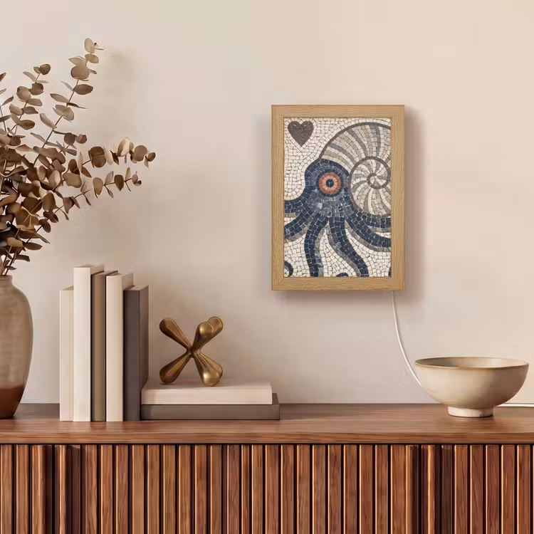 Zeeleven - Mozaïek - Kunst - Vintage - Beige Light Box met kabel (Tafellamp) klein -sfeer2