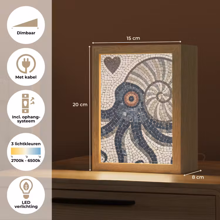 Zeeleven - Mozaïek - Kunst - Vintage - Beige Light Box met kabel (Tafellamp) klein -USP_NL