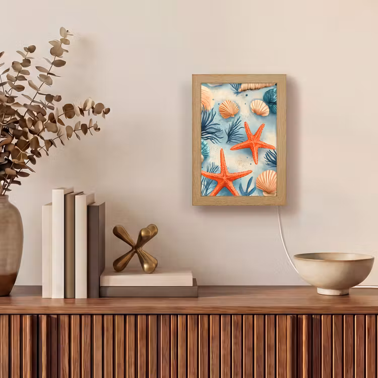 Zeesterren - Schelpen - Illustratie - Zand Light Box met kabel (Tafellamp) klein -sfeer2