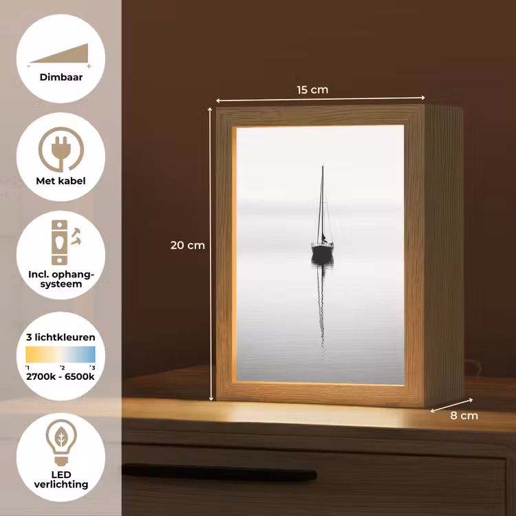 Zeilboot - Zwart - Water - Silhouet Light Box met kabel (Tafellamp) klein -USP_NL