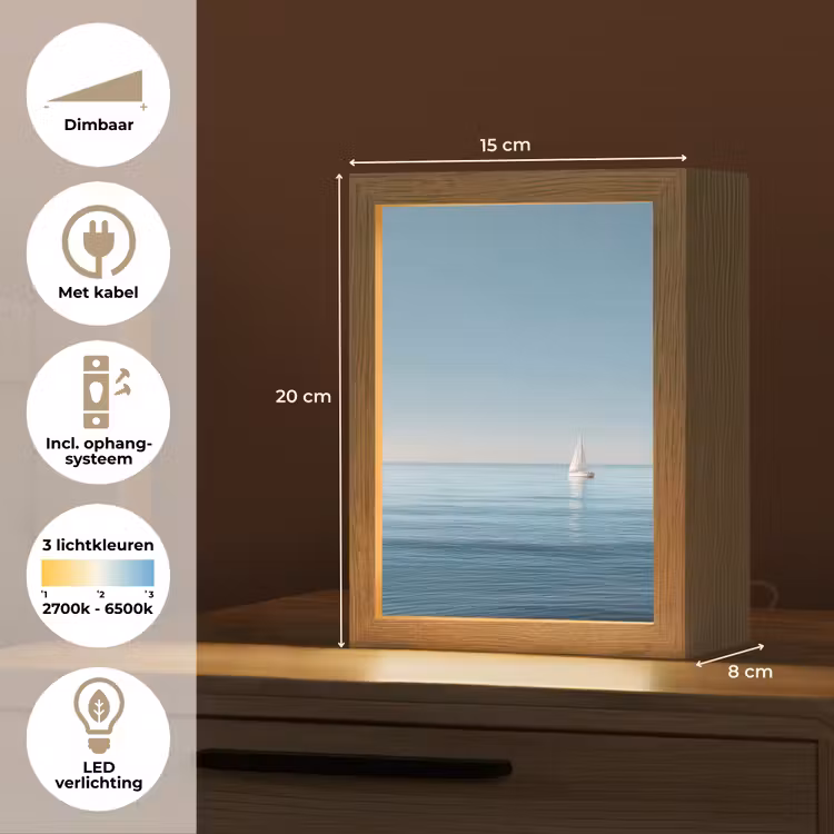 Zeilbootje - Kalme zee - Helderblauwe hemel Light Box met kabel (Tafellamp) klein -USP_NL