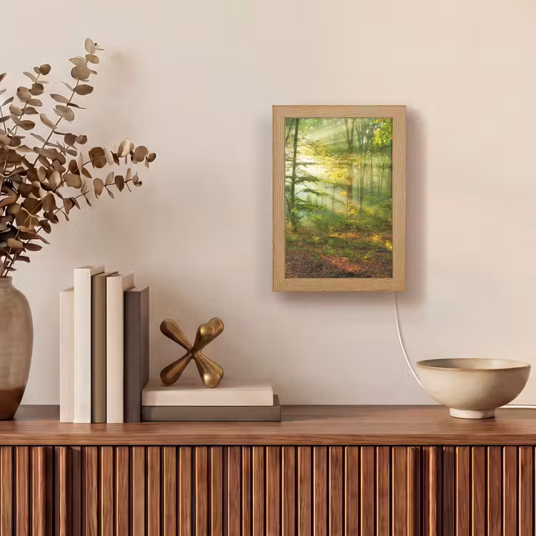 Zon - Bos - Bomen - Natuur - Herfst Light Box met kabel (Tafellamp) klein -sfeer2