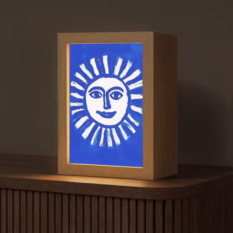 Zon - Gezicht - Penseelstructuur - Blauw Light Box met kabel (Tafellamp) klein -z3d_website