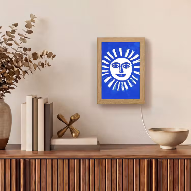 Zon - Gezicht - Penseelstructuur - Blauw Light Box met kabel (Tafellamp) klein -sfeer2