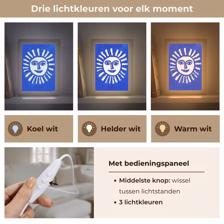 Zon - Gezicht - Penseelstructuur - Blauw Light Box met kabel (Tafellamp) klein -USP_lichtkleurNL