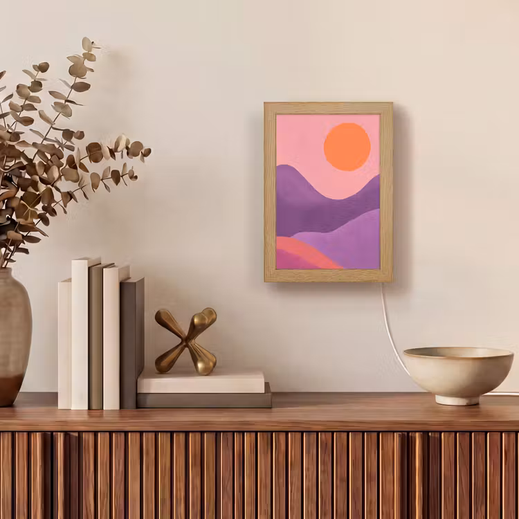 Zon - Heuvels - Paars - Abstract Light Box met kabel (Tafellamp) klein -sfeer2