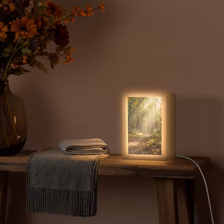 Zonlicht - Bospad - Bomen Light Box met kabel (Tafellamp) klein -sfeer4
