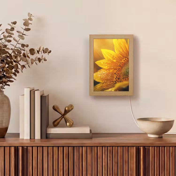 Zonnebloem - Dauwdruppels - Geel - Zonlicht Light Box met kabel (Tafellamp) klein -sfeer2